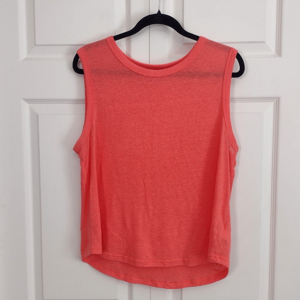 Gap Linen Blend Semi-Sheer Crewneck Muscle Tank Top Neon Coral Size Large